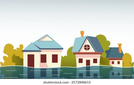 Illustration of houses submerged in floodwater, depicting the aftermath of a natural disaster