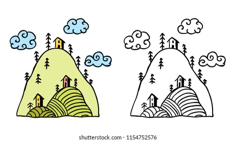 Illustration of houses with trees on hill, hand drawn style