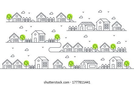 Illustration of houses in various forms with trees. Beautiful residential views