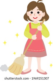 Illustration of the housewife cleaning with a broom