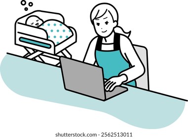 Illustration of a housewife operating a computer.