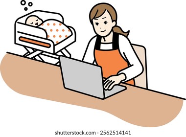 Illustration of a housewife operating a computer.