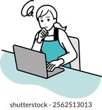 Illustration of a housewife operating a computer while worrying.