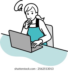 Illustration of a housewife operating a computer while worrying.