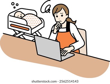 Illustration of a housewife operating a computer while worrying.