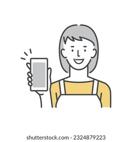 Illustration of a housewife showing a smartphone screen