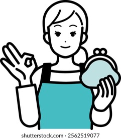 An illustration of a housewife smiling with her purse.