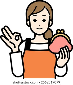 An illustration of a housewife smiling with her purse.