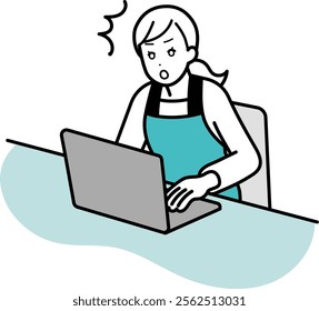 Illustration of a housewife surprised while operating a computer.