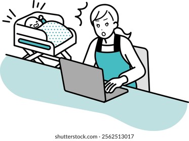 Illustration of a housewife surprised at work when her baby cries.