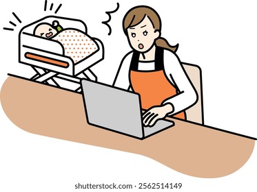Illustration of a housewife surprised at work when her baby cries.