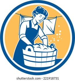 Illustration of a housewife washing laundry using wooden bucket with clothes hanging in line set inside circle done in retro style.