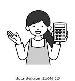 It is a ｍonochrome illustration of a housewife who explains with a calculator.Vector data that is easy to edit.