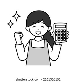 It is a ｍonochrome illustration of a housewife who holds a calculator and makes a guts pose.Vector data that is easy to edit.