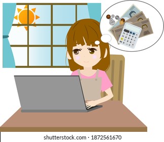 Illustration of a housewife who keeps a household account book on a personal computer