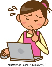 An illustration of a housewife who is not good at operating a laptop computer. (Upper body)