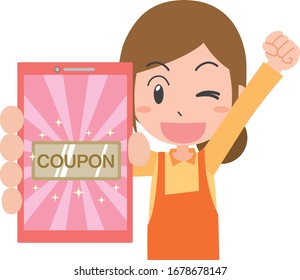 Illustration of a housewife who obtained a coupon on a smartphone