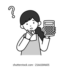 It is a ｍonochrome illustration of a housewife who thinks with a calculator.Vector data that is easy to edit.