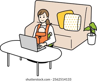 Illustration of a housewife working from home while raising a child Living.
