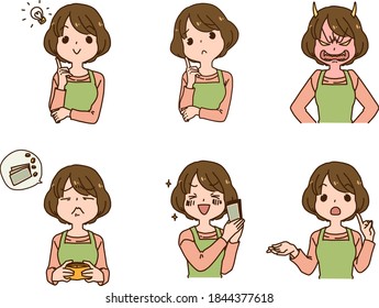 Illustration of a housewife's facial expression set