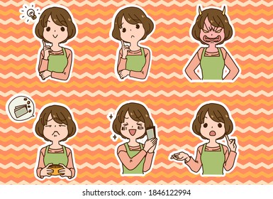 Illustration of a housewife's facial expression set