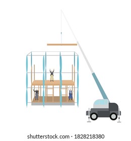 Illustration of housing construction using a crane