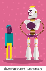 Illustration of how is big the presence of artificial intelligence and neuronal networks in our life and every day it's becoming even bigger. A big robot with a small person