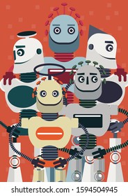 Illustration of how is big the presence of artificial intelligence in our life. A group of five robots is posing like for a movie poster