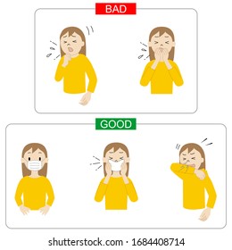 Illustration of how to deal with coughing and sneezing (cough etiquette)