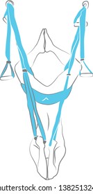 Illustration of how a man hangs in the hammock at the Flay Yoga in pose  Flying Double Diamond 