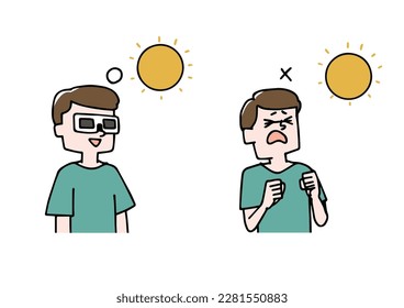  Illustration of how not to look at the sun without using sun glasses