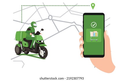 Illustration of how to order a three-wheeled vehicle for delivery of goods online. Vector Flat Illustration