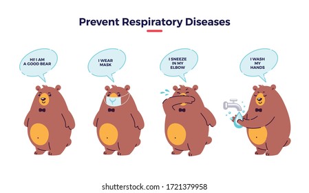 Illustration how prevent respiratory diseases. Correct sneezing and coughing into elbow, washing hands, wearing mask. Virus and infection prevention - flat vector illustration with bear character