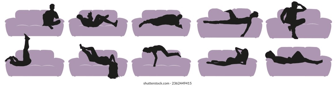An illustration of how a sofa can be used in everyday life. From relaxation to exercise. EPS 10.