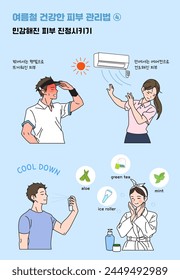 Illustration of how to take care of skin in summer in Korea,Korean translation: How to take care of healthy skin in summer,soothing irritated skin