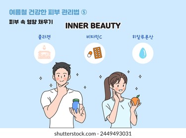 Illustration of how to take care of skin in summer in Korea,Korean translation: How to take care of healthy skin in summer,Getting good nutrition for your skin