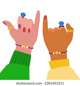 An illustration of how two friends with the same jewelry stretch their little fingers to each other to demonstrate unity and an oath. Girls promise each other that friends are forever. Flat design