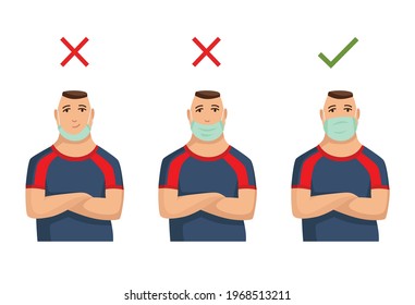 Illustration how to wear face mask correctly. Wrong method of wearing a mask. Tip how prevent the any viral infection. Man who protects himself from infectious diseases