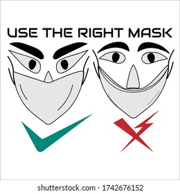 Illustration How to wear the right nose mask. image wearing the right and wrong mask. Perfect for medical health posters, environmental health, public slogans, etc.