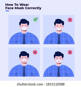 Illustration How to Wear your face mask correctly. How wear face mask properly. Right and wrong way to wear a mask. Mistakes while wearing face mask. Prevention COVID-19 coronavirus Infographic.