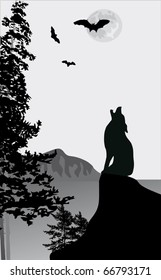 illustration with howling wolf on rock