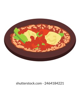 Illustration of huevos rancheros with eggs, salsa, beans, and tortilla on plate