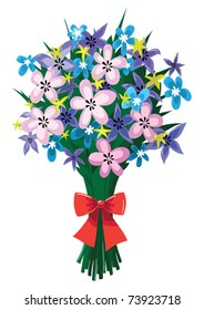 Illustration of a huge bouquet of spring flowers with red bow