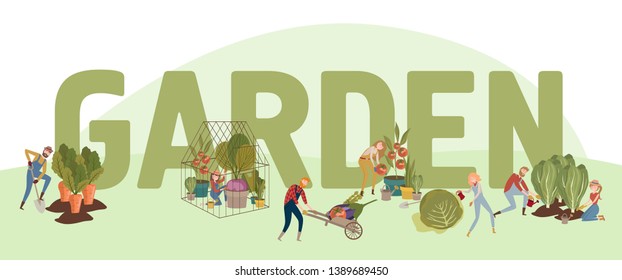 Illustration with huge Garden lettering with fresh vegetables and people spending time on the farm. Concept farming and organic life. Editable vector illustration