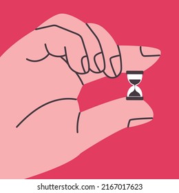 Illustration with a huge hand holding an hourglass on a red background. Business banner about fleeting time. Watch in hand. Vector eps 10.