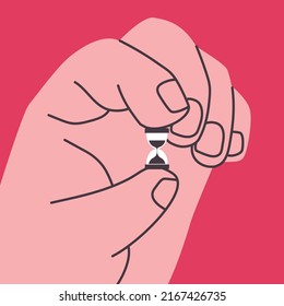 Illustration with a huge hand holding a small hourglass on a red background. Business banner about fleeting time. Watch in hand. Vector eps 10.