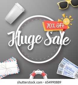 Illustration of Huge Sale Vector Poster. Bright Sale Flyer Template with Travel Icons