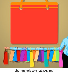 illustration of huge sale. woman hold a lot of bag on one hand