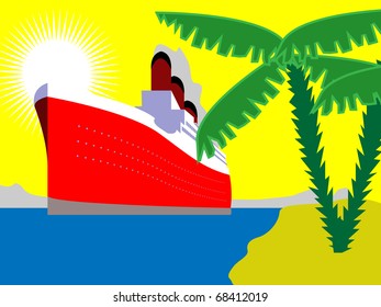 Illustration of huge ship on ocean with palm trees