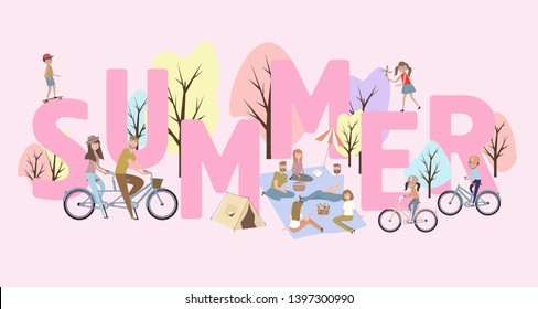 illustration with huge Summer lettering with active family vacation with kids, couples, families, relaxing on nature, ride bicycles and skateboard. Editable vector illustration